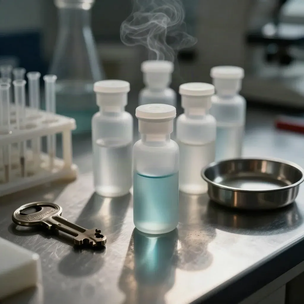 Lab vials, pipette tips and a steel weighing boat on brushed metal