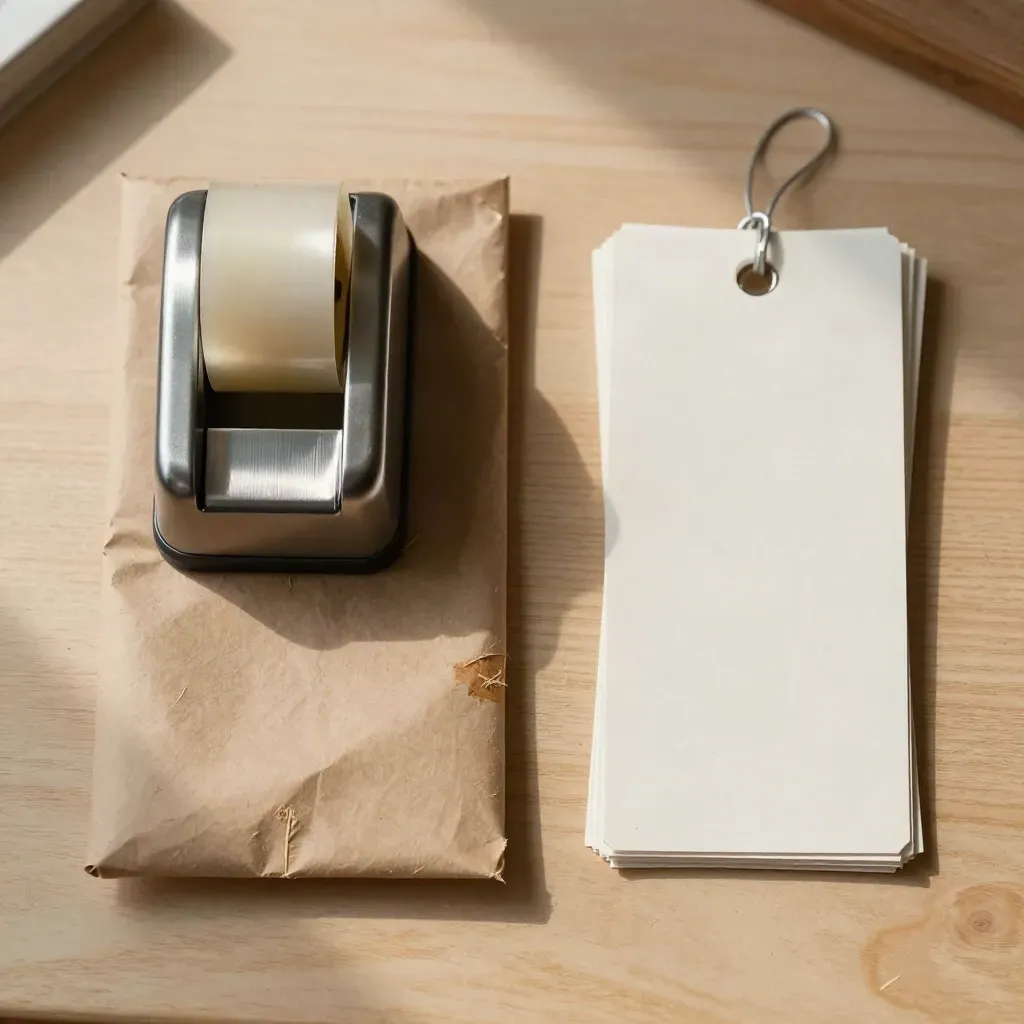 Top-down still life of a tape dispenser, wrap paper and hangtags on pale wood.