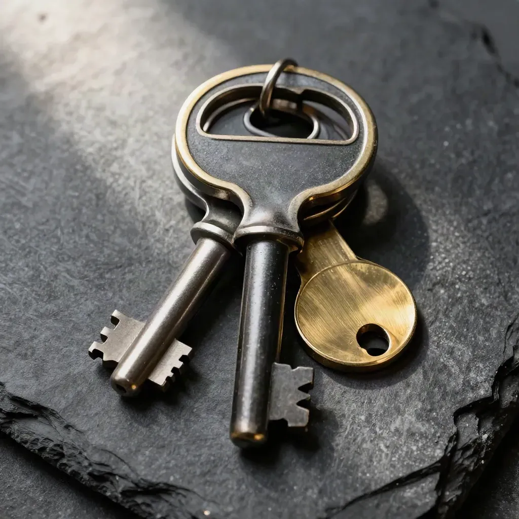 Vault key, brass seal and security fob on slate in an extreme macro still life.