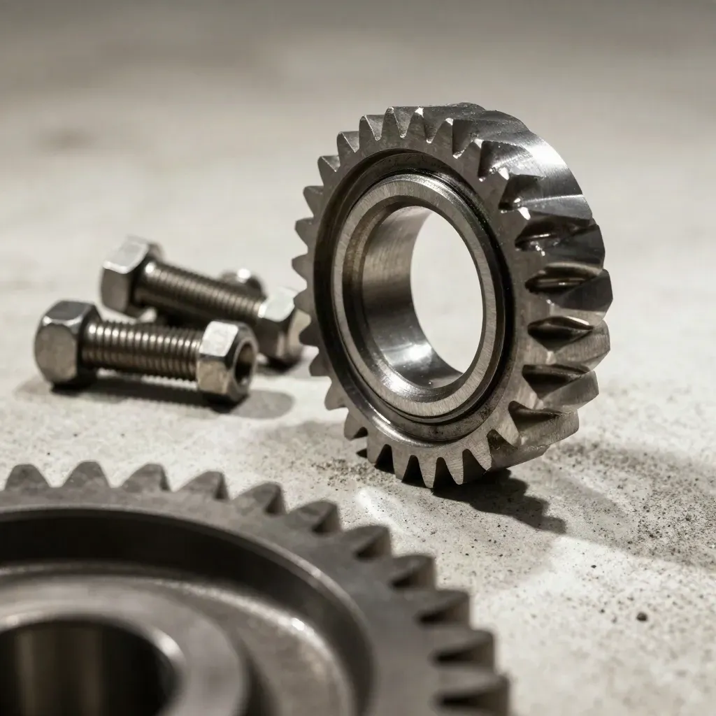 Machined gear segment, bearing race and hex bolts on pale concrete with raking light