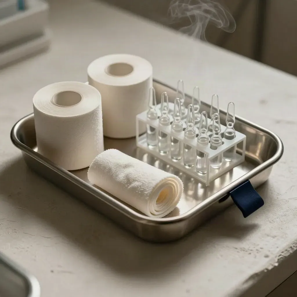 Macro still life of a stainless tray, gauze rolls and ampoule rack on pale plaster with soft steam.