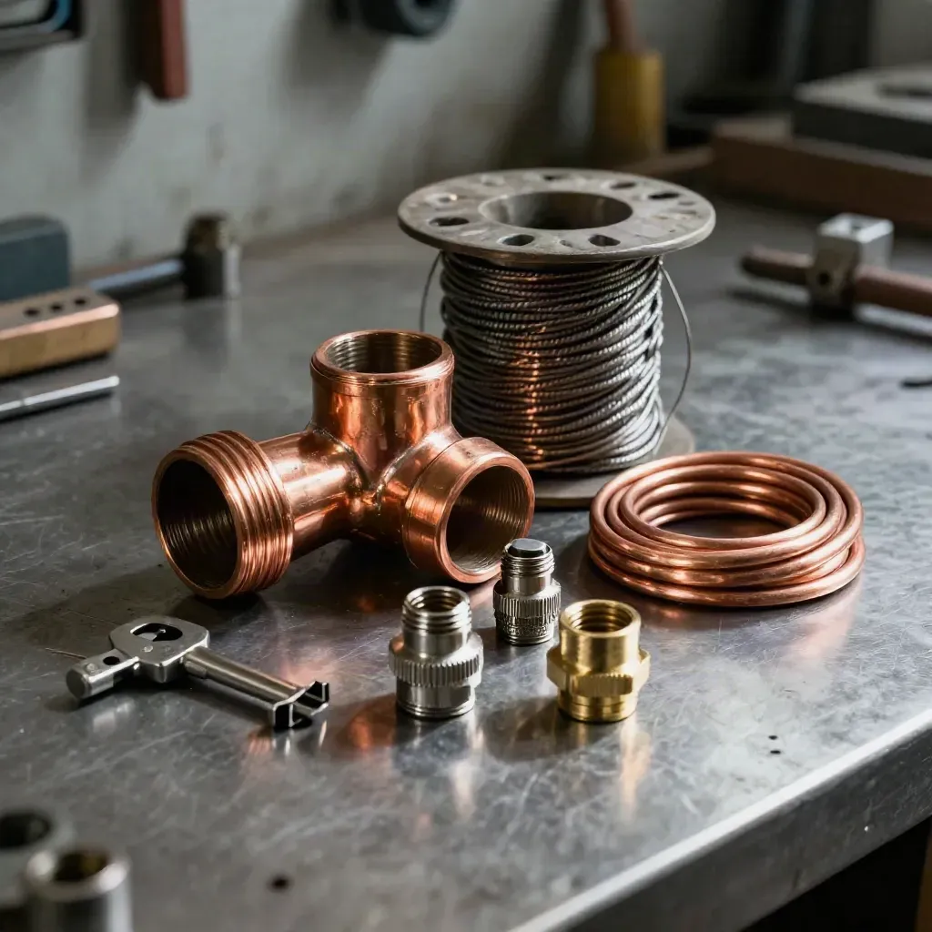 Copper elbow, braided wire spool and crimp connectors on brushed metal in dramatic studio light.