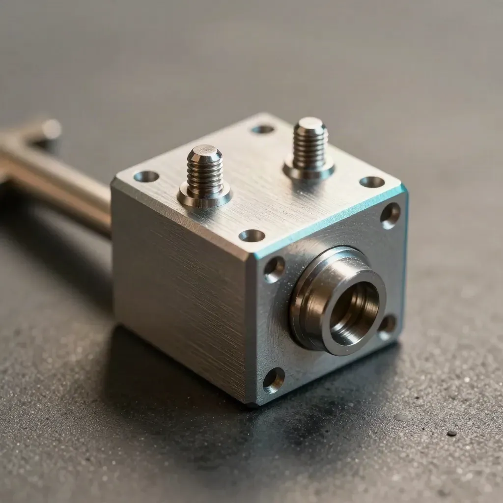 Anodized aluminium housing with spacer pins and cable gland on graphite surface
