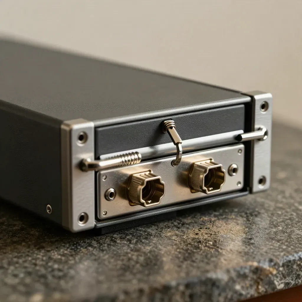 Rack-side server module with latch rail and twin connector collars on charcoal stone.