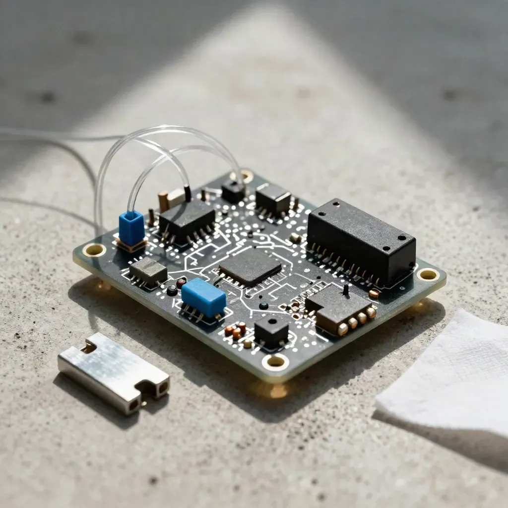 Overhead macro of a tiny breadboard prototype, jumper leads and test PCB on pale concrete.