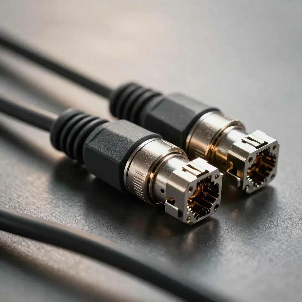 Macro of RJ45 couplers and connector blocks linked in a diagonal chain on graphite.