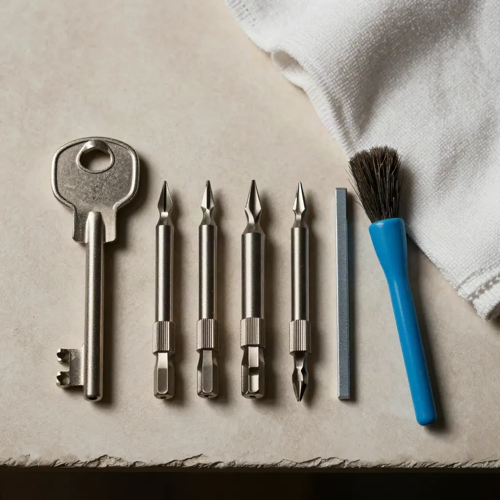 Top-down still life of screwdriver bits, standoffs, anti-static brush and cloth on pale plaster.
