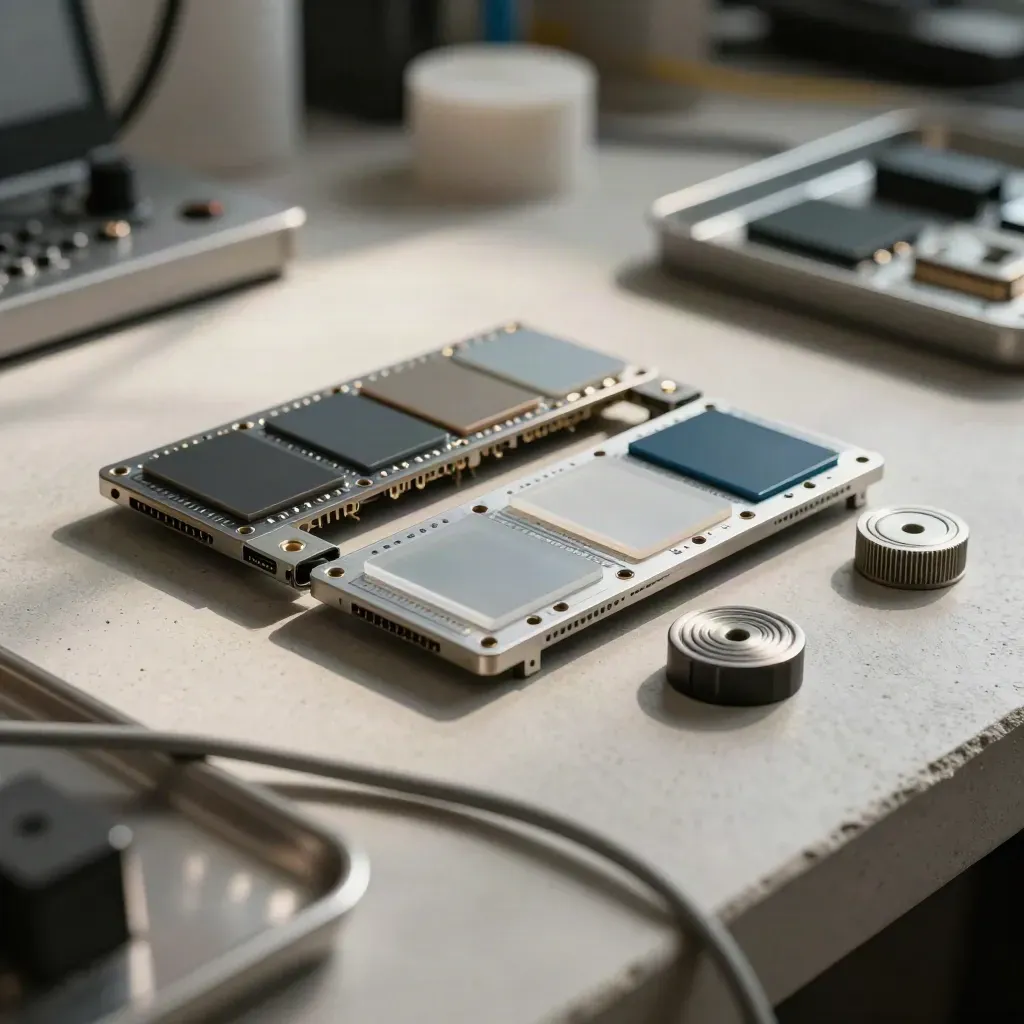 Prototype module pair, blank swatch chips and a calibration puck on a studio bench, seen through a cable loop.
