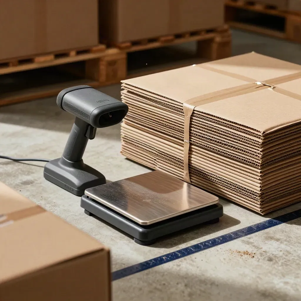 Scanner dock, shipping scale and mailers on concrete, seen past a box corner.