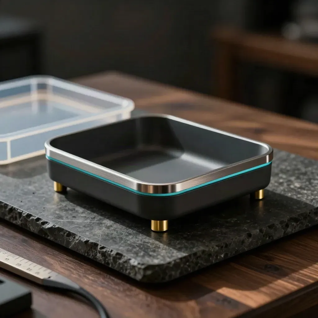 Prototype enclosure shell with brass standoffs and drafting tray on dark stone, lit dramatically.