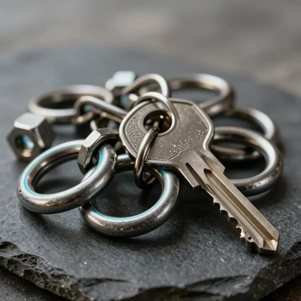 Linked steel rings, hex fasteners and a folded key blank on dark stone under dramatic cyan-edged light.