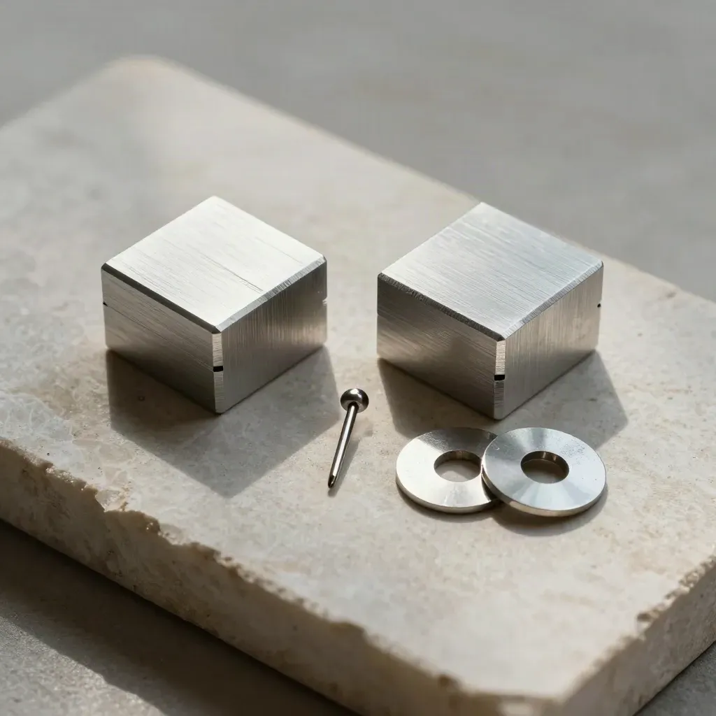 Two machined aluminium blocks, pin and spacer discs on pale stone in a precise overhead macro.