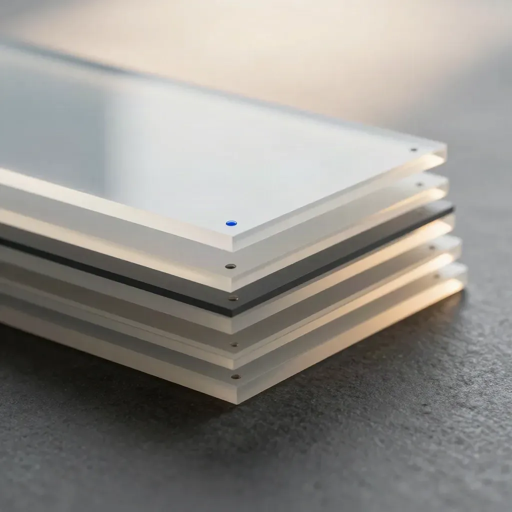 Translucent acrylic sheets with blue dots and shims on graphite stone, softly lit