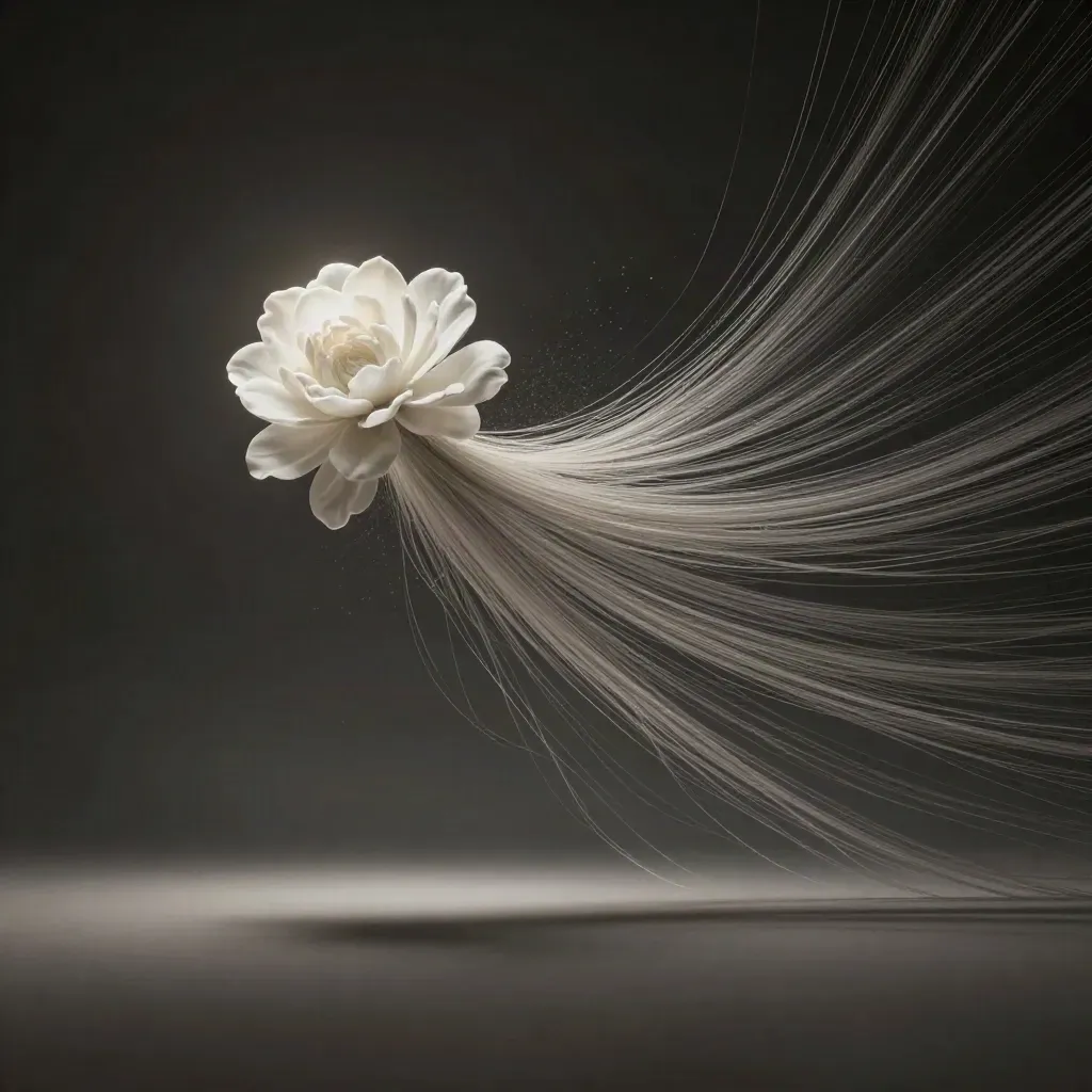 Silver filaments bloom in graphite haze, with calm empty space for headline copy.